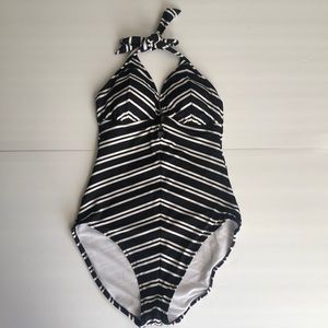 W Swim Black and White Striped Halter One Piece Bathing Suit Size 6
